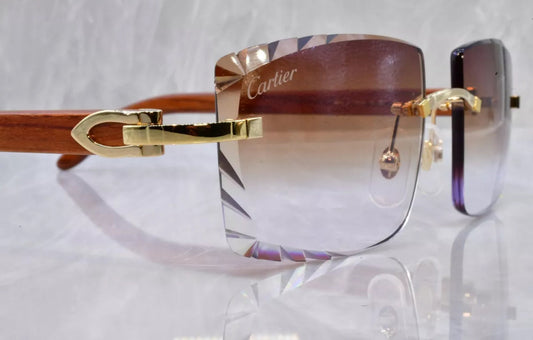 Pre-Owned Wood Frame Diamond Cut Sunglasses Brown Gradient