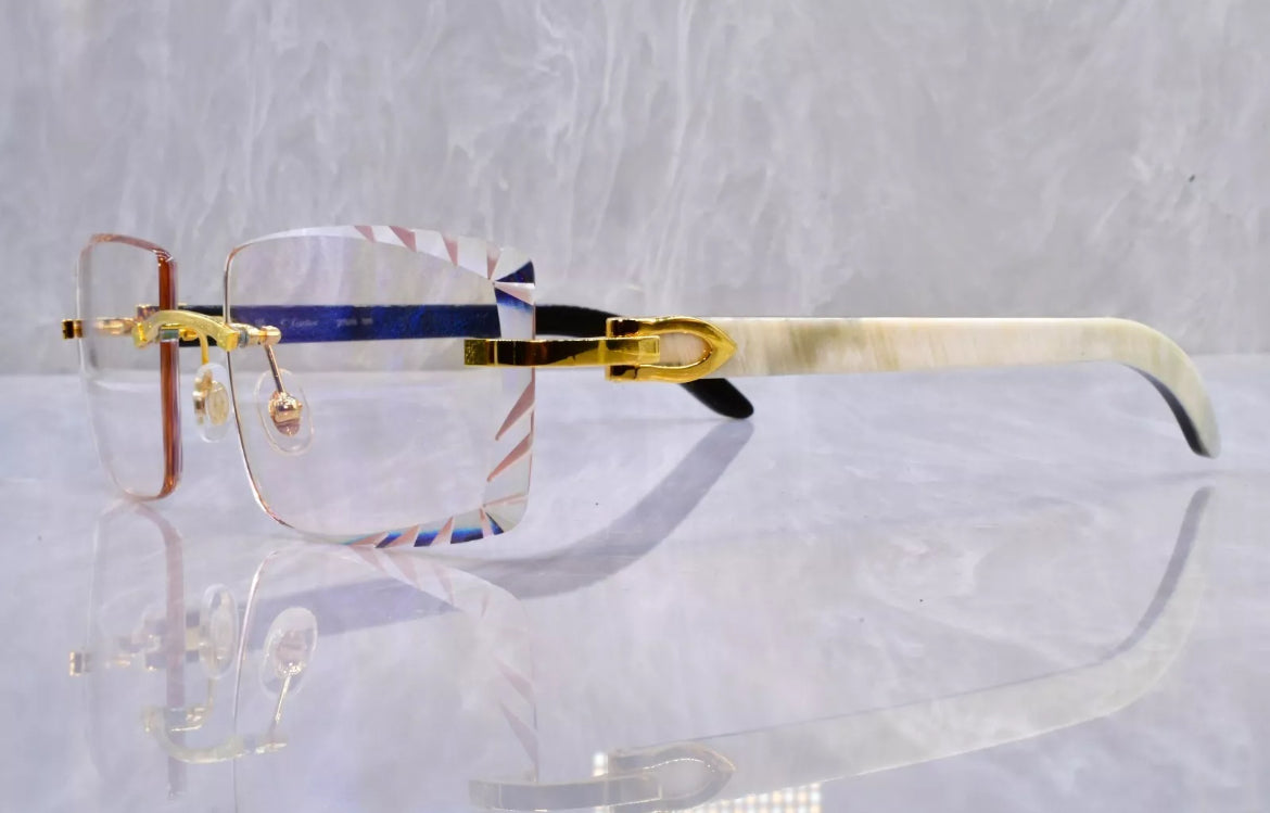 Pre-Owned Cartier Buffalo Horn White Diamond Cut Sunglasses Clear/Gold