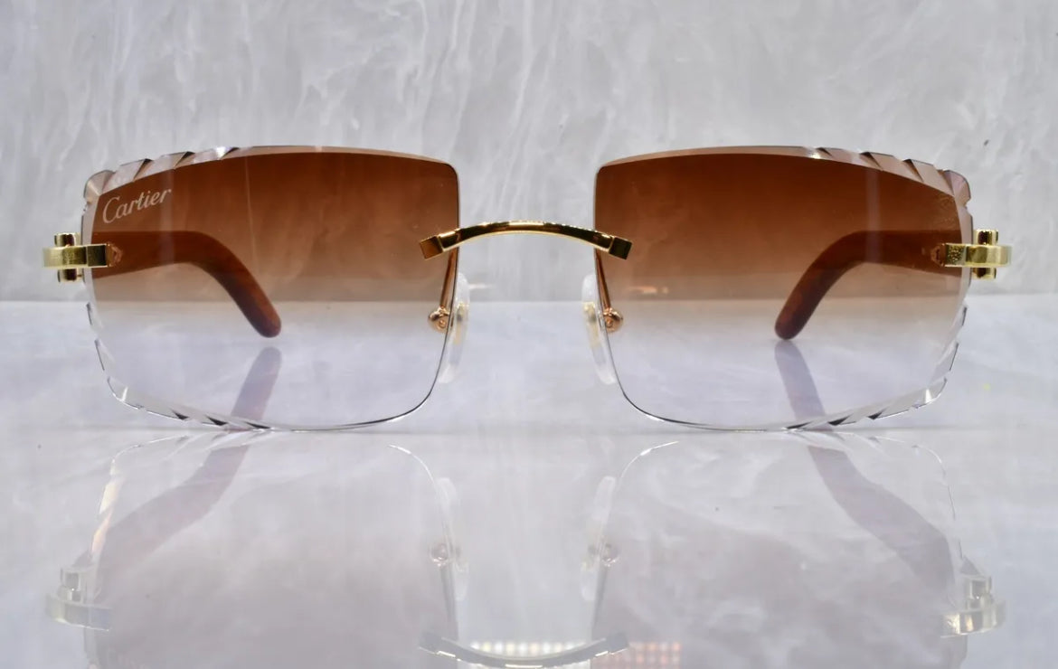 Pre-Owned Wood Frame Diamond Cut Sunglasses Brown Gradient