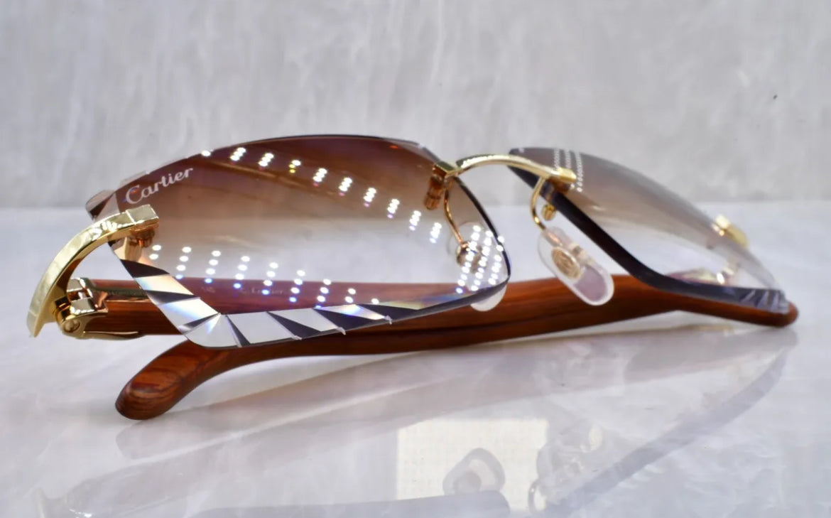 Pre-Owned Wood Frame Diamond Cut Sunglasses Brown Gradient