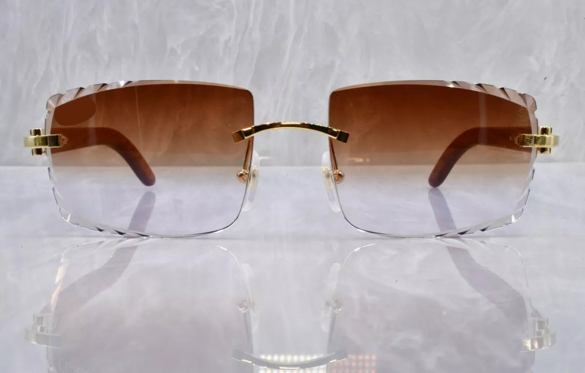 Pre-Owned Wood Frame Diamond Cut Sunglasses Brown Gradient