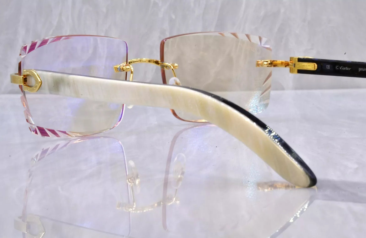 Pre-Owned Cartier Buffalo Horn White Diamond Cut Sunglasses Clear/Gold